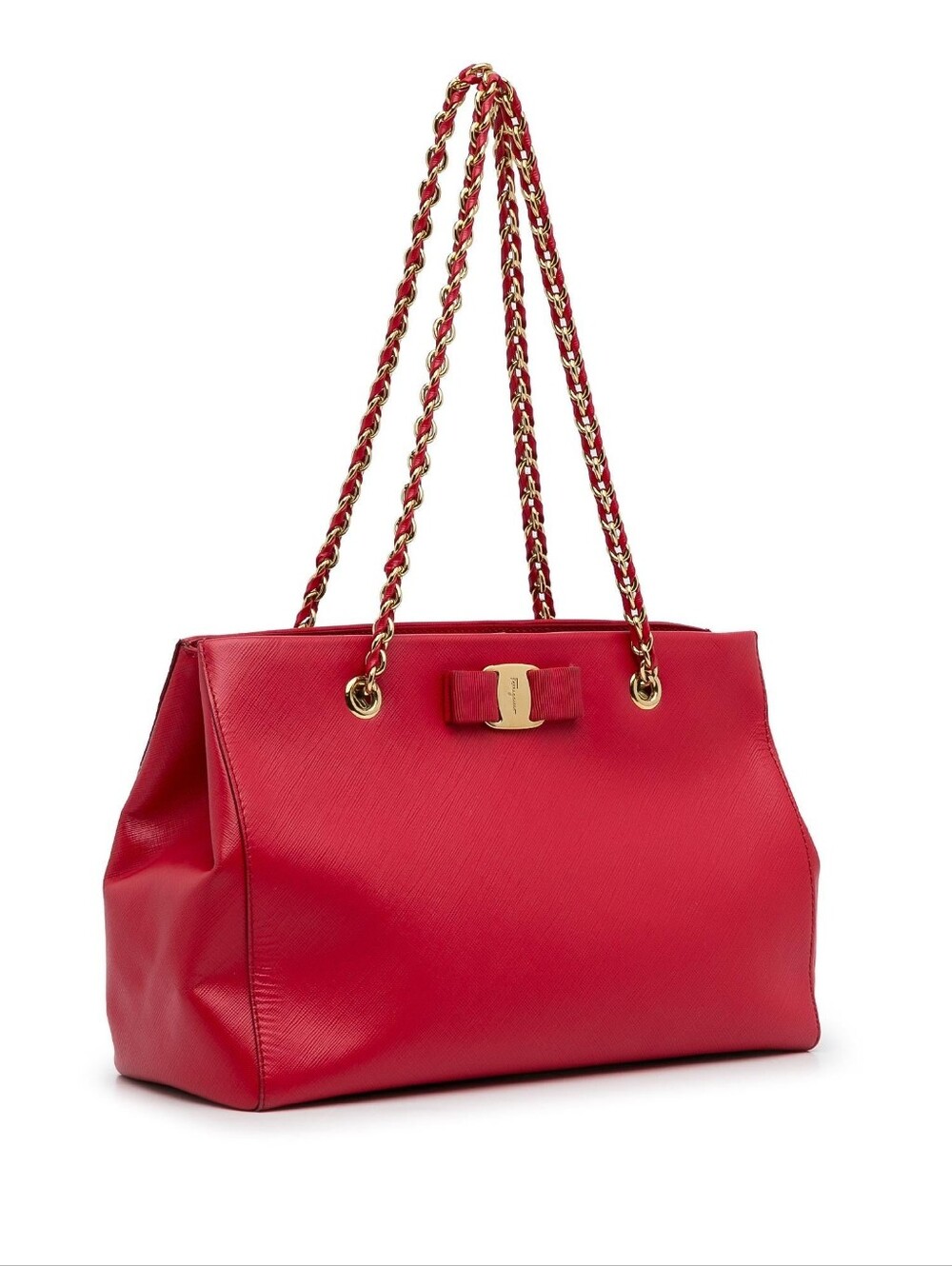 Authentic Salvatore Ferragamo Red Saffiano Leather  Vara Chain Bag GU-21G177